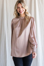 Champagne Satin Smocked Neck Blouse