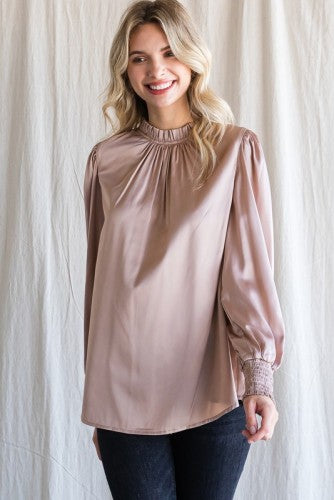 Champagne Satin Smocked Neck Blouse