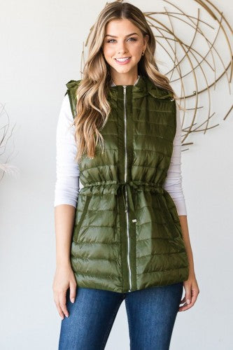 Olive Puffer Vest with Waist Tie