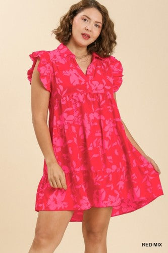 Red Mix Floral Print Tiered Dress with Flutter Sleeve