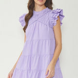 White Pintuck Yoke Tiered Flutter Sleeve Dress