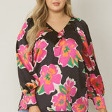 Black + Fuchsia Satin Floral V Neck Blouse