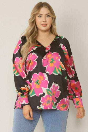 Black + Fuchsia Satin Floral V Neck Blouse