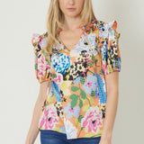 Orange Floral Deco Mix Ruffle Shoulder Blouse