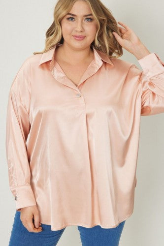 Apricot Satin V Neck Collared L/S Blouse