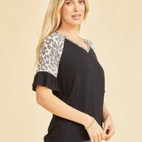 Black V Neck with Leo Shoulder Ruffle Sleeve