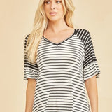 Black + Ivory Stripe Contrast Shoulder Ruffle Sleeve