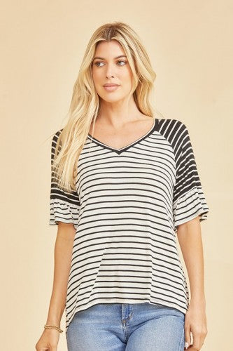 Black + Ivory Stripe Contrast Shoulder Ruffle Sleeve