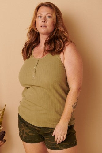 Light Olive Rib Knit Button Scoop Neck Tank