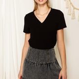 Black Rib Knit V Neck Tee
