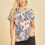 Pink Paisley Print V Neck Tee