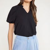 Black V Neck Blouse with Ruffle Neckline Detail