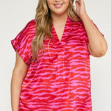Red Satin Zebra Print V Neck Dolman