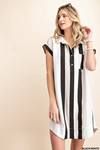 Black + White Stripe Collared Tunic Shirt Dress