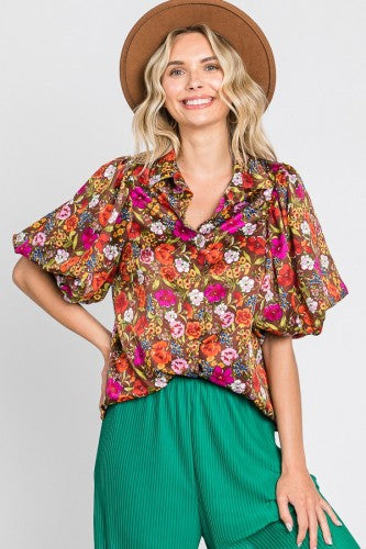 Brown Floral Satin Bubble Sleeve Dolman