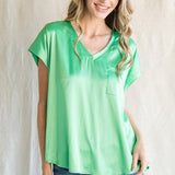 Pastel Green Satin V Neck Dolman with Pocket