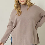 Mocha Mock Neck Cozy Pullover with Side Slits