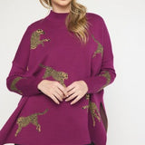 Plum Cheetah Mock Neck Sweater Pullover