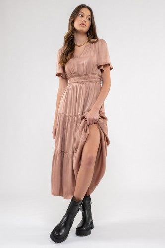 Dusty Blush Satin Dress with Waist Detail