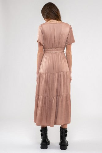 Dusty Blush Satin Dress with Waist Detail