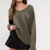 Dolman V Neck Sweater with Rib Hem + Front Seam