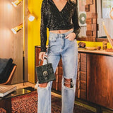 Black Sequin Crossover L/S Top