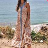 Natural Floral Button Front Maxi with Denim Trim