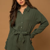 Dark Green Long Sleeve Double Gauze Romper