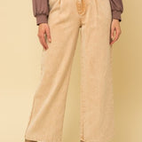Washed Camel Paper Bag Waist Wide Leg Pant