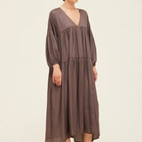 Chicory Balloon Sleeve Satin Midi Dress