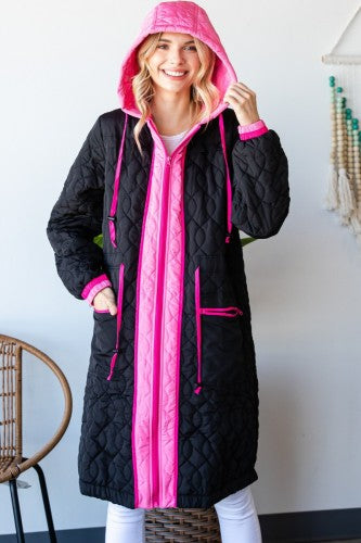 Black + Hot Pink Long Quilted Coat