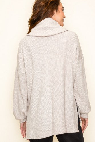 Oatmeal Slouchy Cowl Neck Waffle Top