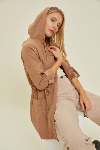 Camel Peachskin Jacket with Cinch Waist