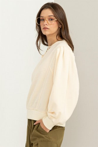 Brushed Crew Pullover with Pleated Sleeve
