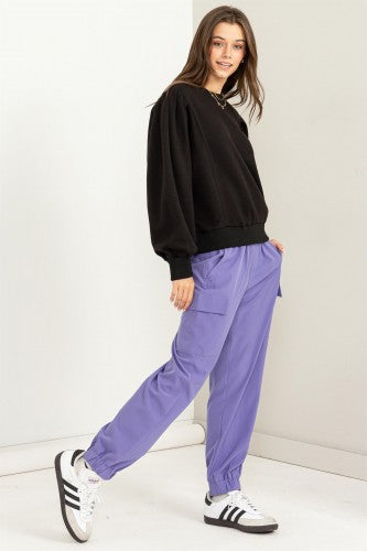 Brushed Crew Pullover with Pleated Sleeve
