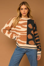 Taupe + Charcoal LS Mix Animal Print Sweater