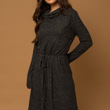Black Long Sleeve Cowl Neck Hacci Drawstring Dress