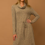Taupe Long Sleeve Cowl Neck Hacci Drawstring Dress