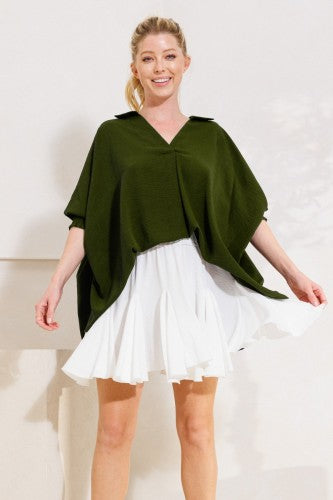 V Neck Oversize Placket Dolman with Collar