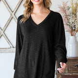 Black Puff Sleeve Ribbed V Neck LS