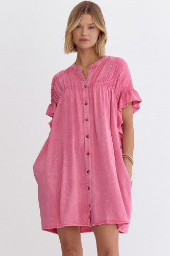 Pink Washed Denim Ruched Button Up Dress