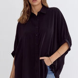 Black Collared Button Up Oversize Top