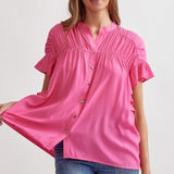 Pink Short Sleeve Ruch Button Up Flutter Sleeve