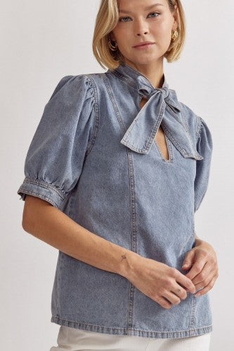 Light Denim Tie Neck Blouse