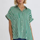Green + White Stripe Collared Button Up