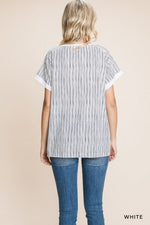 White Contrast Slub Pinstripe Back Tee