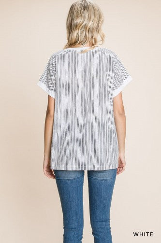 White Contrast Slub Pinstripe Back Tee