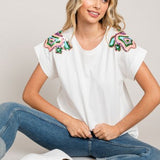 White Sequin Patch Shoulder Top