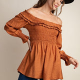 Cognac Boho Smocked Off Shoulder Blouse