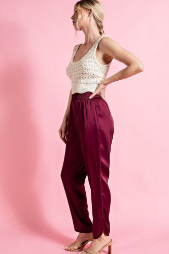 Wine Smocked Satin Pant